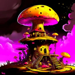 A fantabulous black, yellow, and pink (((mushroom tower house))) erected atop a (geologic pillar), surrounded by the uncanny imaginative ((( swirling skies))), offset by the stark hues of a (neon-tinged nebulous space scape), within. captured by the hand a skilled master painter with a focus on (softly blurred compositions and voluminous lighting).