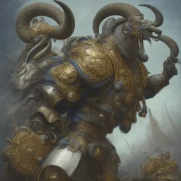 a Big-horn Ram warrior in navy blue and yellow battle armor, a highly detailed illustration, background of Inka jungle, realistic render, 8 k, micro detail, intricate, elegant, centered, digital painting, Artstation, smooth, sharp focus, illustration, artgerm, tomasz alen kopera, peter mohrbacher, donato giancola, joseph christian leyendecker, wlop, boris vallejo