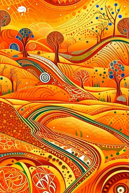 A yellowish orange desert of mystery designed in Australian aboriginal art