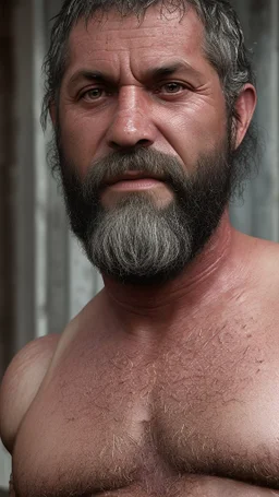 close up photography of a turkish ugly burly serious sweaty, wet chubby muscular and hairy carpenter shirtless, with short pants in safety vest and with long beards, 44 years old, working on a construction site, in the middle of a road, under the August sun, angry eyes, , hyper-realistic, photorealistic , frontal view from the ground