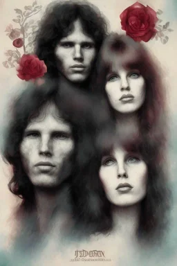 Jim Morrison and Pamela Courson ,music, NSFW, watermark, bohemian style , blurry,opaque ,beautiful faces,elegant,roses, art by anna dittman