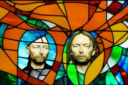 Thom Yorke rendered in stained glass window