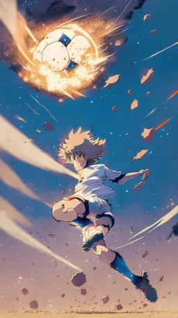 anime soccer player kicking the ball covered in meteors