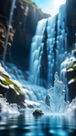 transparent ice elemental swimming at the bottom of huge waterfall,bokeh like f/0.8, tilt-shift lens 8k, high detail, smooth render, down-light, unreal engine, prize winning