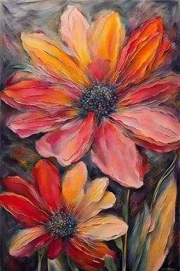 red, orange, yellow, pink flowers , detalied, extremely high textured, etheral stunning botanical theme, with five, very thick layers of paint, with some brush bristles