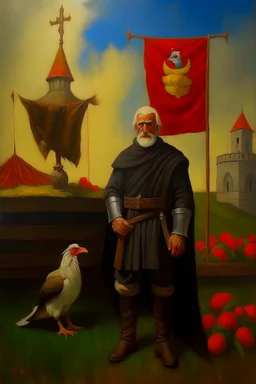 1970's dark fantasy cover dnd style oil painting of a medieval man lord with chickens at the country from uruguay with the flag of uruguay with minimalist far perspective.