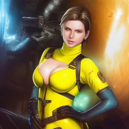 ultra detailed fullbody portrait of beautiful busty Jill Valentine , wearing skintight yellow and black costume, extremely detailed digital painting, intrincate, extremely detailed smiling face,crystal clear Big Green eyes, in the style of adrian smith , mystical colors , perfectly centered image, perfect composition, rim light, beautiful lighting,8k, stunning scene, raytracing