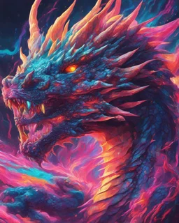 Close up shot, Dragon in a vibrant synthwave dreamscape, neon chaos swirling energetically around pixelated forms, a dynamic fusion of retro gaming nostalgia and futuristic abstraction