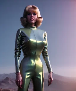 Ultra Realistic retro sci-fi image of 1960, many people looking to sweet young woman Jane Fonda, dress with tight latex coat and retro glass helmet, Retro sci-fi style, soft color, highly detailed, unreal engine 5, ray tracing, RTX, lumen lighting, ultra detail, volumetric lighting, 3d, finely drawn, high definition, high resolution.