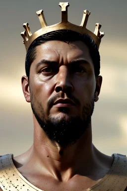 Ultra Realistic image, Roman sculpture, white marble material, young Ronaldo Nazario, gold crown of natural thorns, god crown, gold veins, gold ornaments, Renaissance style, sun rays background, waist up portrait, epic, celestial, cinematic lighting, God lights, 4k resolution, smooth details, soft lighting, unreal engine 5, art station, substance 3d.