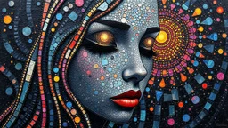 masterpiece Impasto style oil painting of creating figure full an girl the face is made of granite terrazzo motifs black with textured brush strokes, long hair is made of immersive experience, intricate and detailed, trippy psychedelic Pointillist bright, lively and colorful explosions mirrors dry, and closed eyes. Cubist granite abstract descending from a amazing stained glass spirograph sheets slanted ribbon lines, a sheets spiral geomatrical, Express live brushwork brings depth and texture to