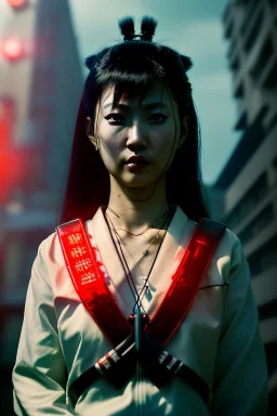 Asian woman samurai, cyberpunk,red, white, black, led wires, glow eyes, cinematic, Ultra realistic, wide angle view, soft color, highly detailed, unreal engine 5, RTX, ultra detail, 3d, finely drawn, high definition.