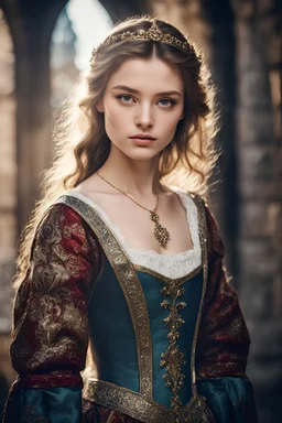 Photo of an actual 15th century 20 year old Russian princess looking unbelievably irresistible in a castle, (fit body), small waist, wide hips, beautiful, petite, skinny, highly detailed skin, ((perfectly detailed face)), ((highly detailed eyes)), ((realistic)), bokeh, moody light, dramatic shadows, high contrast, highest professional quality, awe-inspiring masterpiece. Professionally edited and color balanced to perfection. ((Award winning photo)).