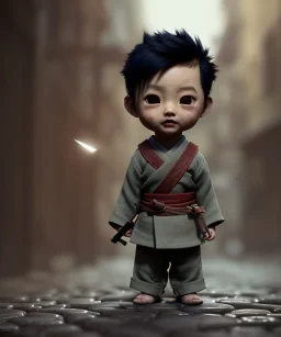 little boy samurai. shadows, Brent Weeks, Night Angel, cobblestone street alley, highly detailed, hyper-detailed, beautifully color-coded, insane details, intricate details, beautifully color graded, Cinematic, Color Grading, Editorial Photography, Depth of Field, DOF, Tilt Blur, White Balance, 32k, Super-Resolution, Megapixel, ProPhoto RGB, VR, Halfrear Lighting, Backlight, non photorealistic rendering