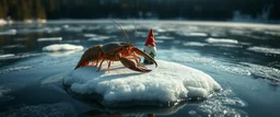 airbrush rendering, close up lobster and gnome on small frozen island in lake, pinhole cam