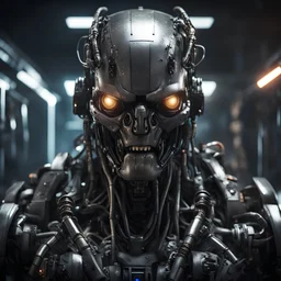 a close up portrait of an evil combat robot. photorealistic. lots of greebling; little hoses, lights, and weapon systems. terminator, meets predator, meets alien, meets the matrix. the lighting should be dark. like it's approaching you from a dimly lit spaceship corridor