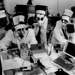 scientists at the computer in carnival masks. the masks are checkered.