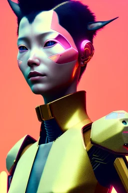 Medium Close Up Portrait, Front image. cyberpunk Asian woman, rabbit mask, pink short hair. latex suit. Red, black, gold, color. Ghost in the shell style. Color background, photo studio. Avatar image, highly detailed, concept art, smooth, unreal engine 5, god rays, ray tracing, RTX, lumen lighting, ultra detail, volumetric lighting, 3d, finely drawn, high definition, high resolution.