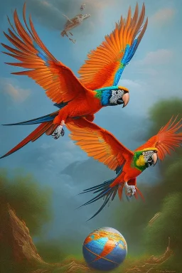 Macaw is flying in the space and is holding the earth in his claws. Surrealism.