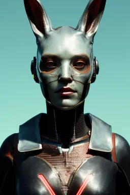 Medium Close Up Portrait, Front image. cyberpunk, rabbit mask, maori woman, white short hair. latex, titanium suit. Yellow, black, red, color. Star Wars style. Color background, photo studio. Avatar image, highly detailed, concept art, smooth, unreal engine 5, god rays, ray tracing, RTX, lumen lighting, ultra detail, volumetric lighting, 3d, finely drawn, high definition, high resolution.