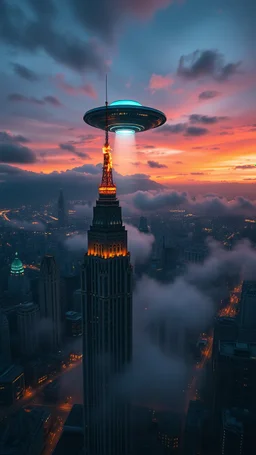 A top view of City building burning and ufo in the sky is hovering