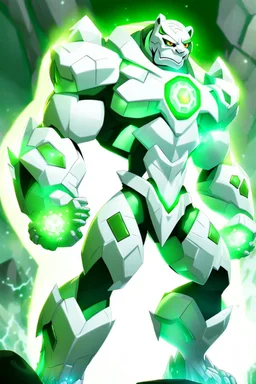 A new space creature from Ben 10 cartoon. Strong and graceful. From the White Tiger faction. Advanced hybrid metal golem. And the diamonds. He has a glowing green tattoo in the shape of old magic words