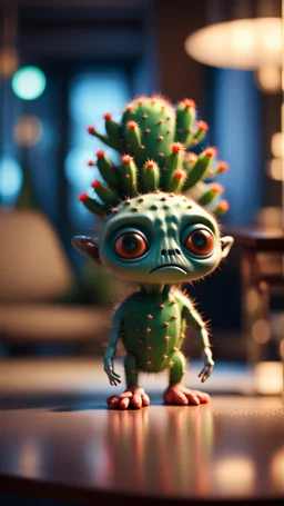 sad cactus alien gremlin in high end parlor,bokeh like f/0.8, tilt-shift lens 8k, high detail, smooth render, down-light, unreal engine, prize winning