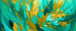 Abstract turquoise green gold painted oil acrylic painting of floral leaves on canvas, art background wallpaper texture illustration By Corri Seizinger