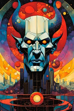 Create a chaotic abstract cubist Tarot Card depicting a post apocalyptic, The Devil , with highly detailed facial features, in the style of Bill Sienkiewicz, Philippe Druillet, Gustav Klimt, and Jean Giraud Moebius, precisely drawn, colored and inked