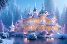 a magical crystal snow bleu gold house in the woods, white swanns,pink vertical, blue lake,sharp, vines, candlelit, endor, ornate, elegant, highly detailed, artstation, concept art, smooth, sharp focus, illustration, 8k, splash art, wallpaper, key visual