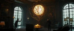 Lotsa goths trying to contain energy from floating glowing vessel made by twisted sticks creating weird geometric form in dramatic scene in luxury parlour in the style of Giger and Escher