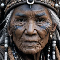 (in the style of Orion, by Masamune Shirow) Subject: A high-resolution, gritty, photorealistic close-up of a weathered tribal shaman, an elderly woman with deep lines on her face etched by years in the elements. Her eyes are large, intense, and gleam with an unsettling, glassy sheen like highly polished obsidian, reflecting a multitude of chaotic, colorful, abstract shapes that writhe just beneath the surface of the eye itself. She has an expression of profound focus, perhaps a subtle smirk, wat