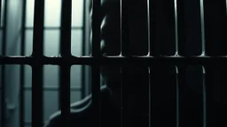 close up parallel prison window bars in foreground, dark prison cell behind him, hidden dark human face partially visible through the window bars, pale light, vertical shadows in background, ultra realistic, dark atmosphere, high contrasts, dark vibe, cinematic