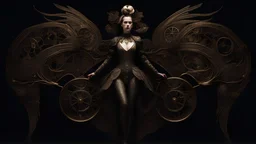 full length, steampunk delicate metal woman, moth, wings, black background