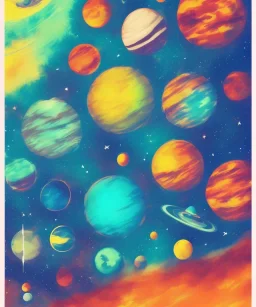 colorful planets. ink, poster, acrylic