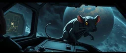 6️⃣ Pre-Landing Chaos "Cockpit view: damaged but functional spaceship descending over stormy alien planet. Giant mummy rat crouches on console, eyes wide and alert, tail flicking. Crew frantically manages controls. Caged rat visible in lab module behind, stasis rat faintly illuminated. Atmosphere tense, cinematic dramatic shadows, anime-like eyes on rats for personality, Rembrandt-inspired contrast."