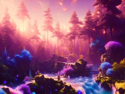 gold and blue crystal cosmic and galactic ambiance hill sky waterfall sunset trees pools river surreal, full of details, smooth, bright sunshine，soft light atmosphere, light effect，vaporwave colorful, concept art, smooth, extremely sharp detail, finely tuned detail, ultra high definition, 8 k, unreal engine 5, ultra sharp focus