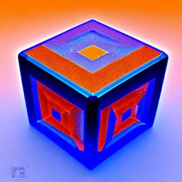 a blue metallic 4d cube inside a 4d orange rotating cube in a 4 dimension environment