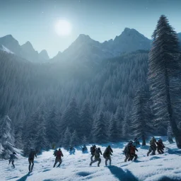 Five people hunting in a snowy forest, sense of speed, mountain hut in the background, Alps, night, 8k, HD, cinematography, photorealistic, Cinematic, Color Grading, Ultra-Wide Angle, Depth of Field, hyper-detailed, beautifully color-coded, intricate details, beautifully color graded, Cinematic, Color Grading, Editorial Photography, Depth of Field, DOF, Tilt Blur, White Balance, 32k, Super-Resolution, Megapixel, ProPhoto RGB, VR, Halfrear Lighting, Backlight, Natural Lighti