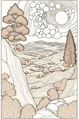 Peaceful, Egon Schiele, Max Ernst, night sky filled with galaxies, planets and stars, rock formations, trees, flowers, one-line drawing, sharp focus, 8k, deep 3d field, intricate, ornate, one million strokes