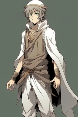 "Draw an anime character, a man with a full body, wearing traditional Arab clothing. He has white eyes outlined in black. He has a cold appearance, short hair, and a tan complexion. Draw it in the style of the anime 'Vanitas.'"