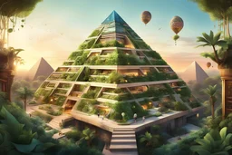 A pyramid-inspired dwelling harmoniously nestled within a bustling metropolis, bathed in the warm glow of sunrise, intricate geometric patterns and verdant gardens adorning its sides, emphasizing the organic and technological fusion, Illustration, digital art
