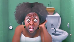 confused black lady on the phone on the toilet