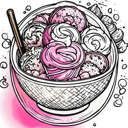 create a coloring book page of ice cream sunday in a bowl , high contrast, easy to color, bold outline, white background