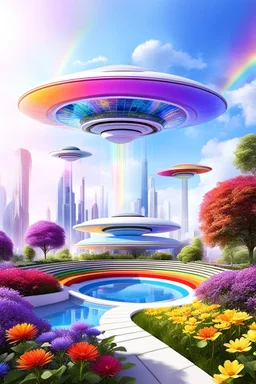 colors, very beautiful, ,flowers, garden,rainbow, cité futuriste ultra moderne, ufos