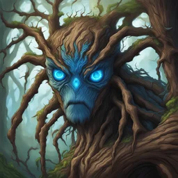 Treant with vivid blue eyes in spider art style