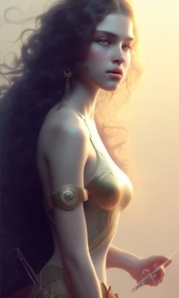 romanian model , cute, beautiful, long hair , wavy hair, curly hair، black eyes, full body, cinematic, 8k, resolution concept art portrait by Greg Rutkowski, Artgerm, WLOP, Alphonse Mucha dynamic lighting hyperdetailed intricately detailed