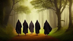 black robe hooded monks on the forest path