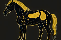 V600 Apollo, a black horse with golden markings on its body, in the style of risograph, vector iconography