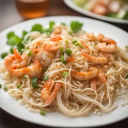 Closeup of a shrimp Pad Thai,rice noodle Selective focus; shallow depth of field on a restaurant kitchen table